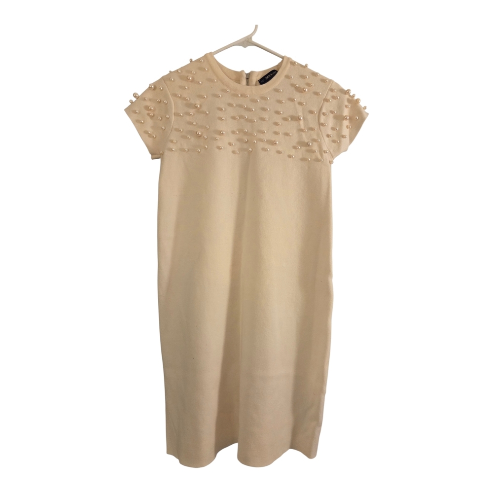 Zara Ivory Cream White Short Cap Sleeve Pearl Shift Knit Dress RARE (Sz S) - Picture 3 of 7